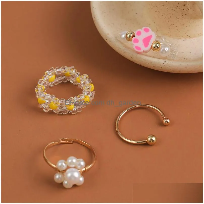 4 pcs/set boho womens transparent yellow glass handmade beaded white pearl weave flower polymer clay cat paw rings set jewelry