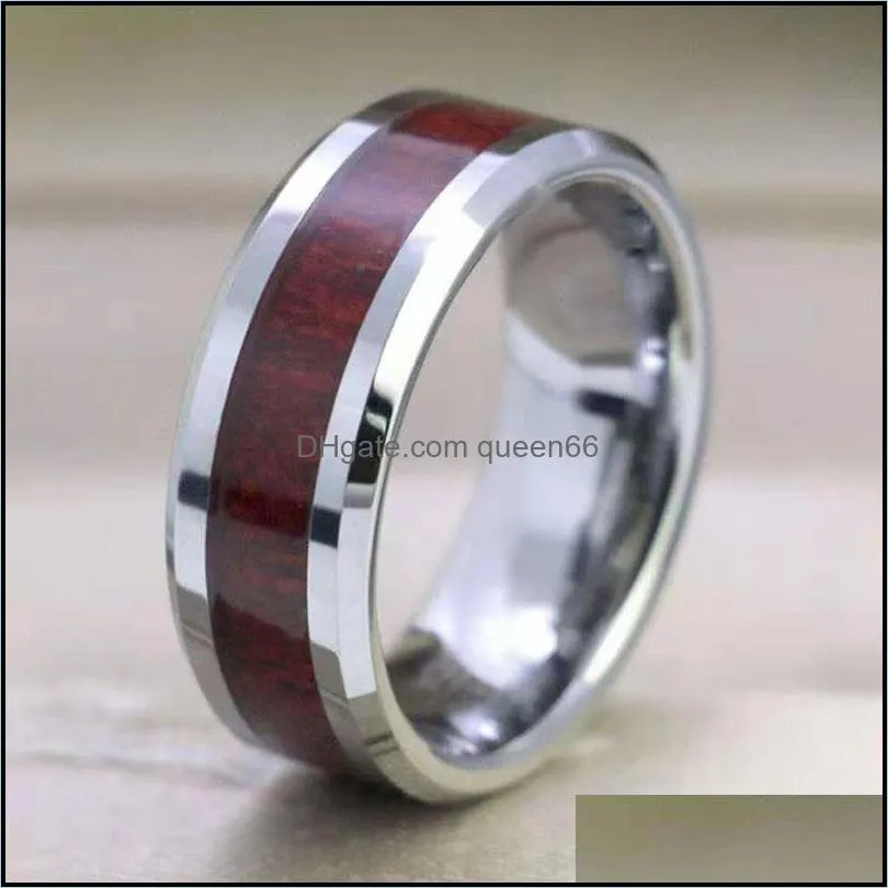 8mm tungsten finger rings durable vintage titanium stainless steel wood inlay ring jewelry for men women 316l stainless steel 111 m2