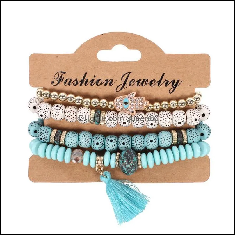 4pcs/lot bohemian vintage bodhi beads chains bracelets set for women hand of fatima tassel charm wristband fashion jewelry gift