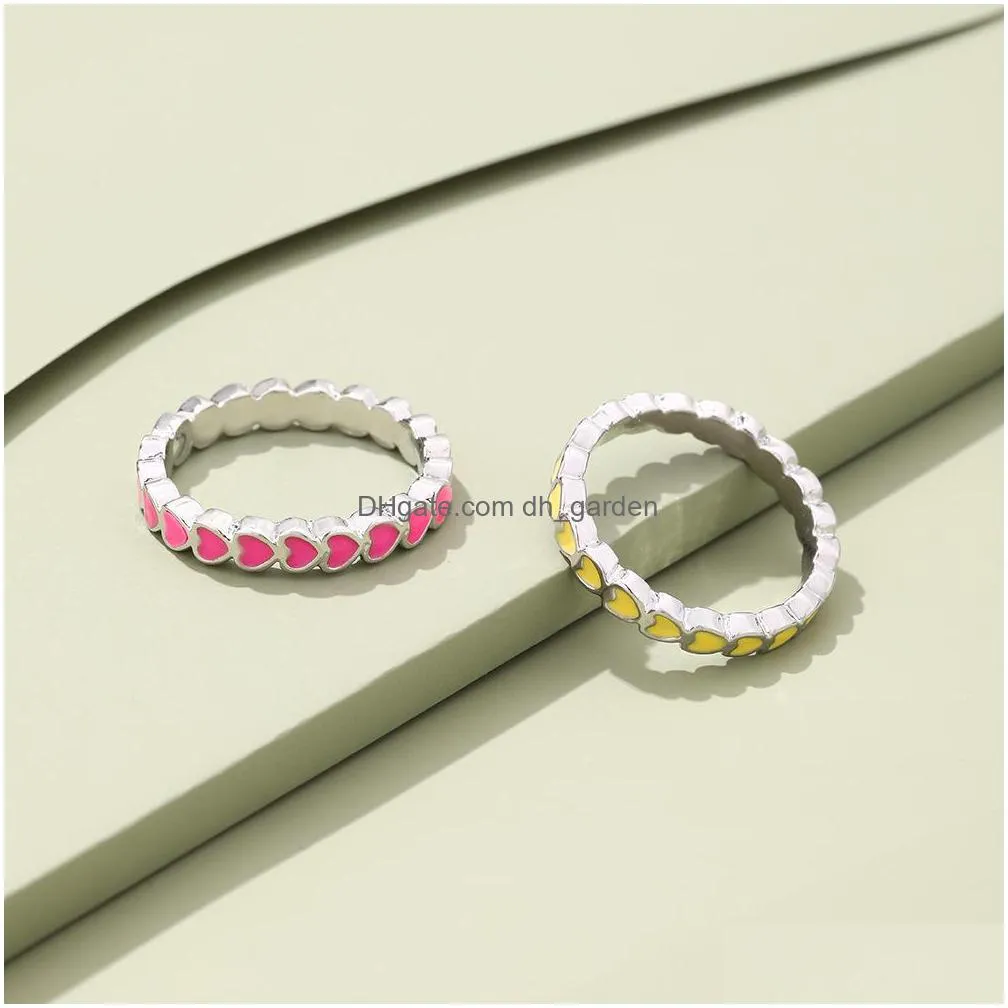 korean dripping oil love heart chain rings women exquisite charms cute colorful stitching geometric rings wholesale jewelry