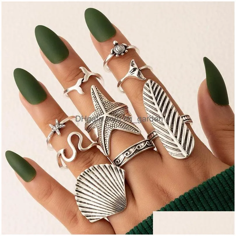 9pcs/sets boho starfish leaf joint ring sets for women men vintage silver color shell alloy metal jewelry