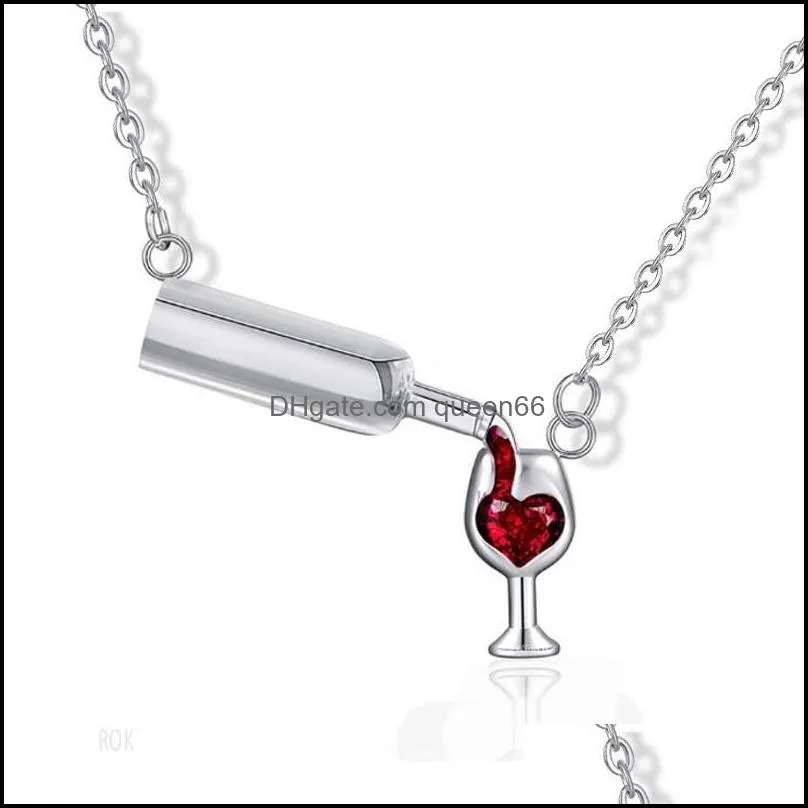 rose gold color creative wine glass pendant necklace for women zircon red heart wine cup charm necklace choker short1 636 t2