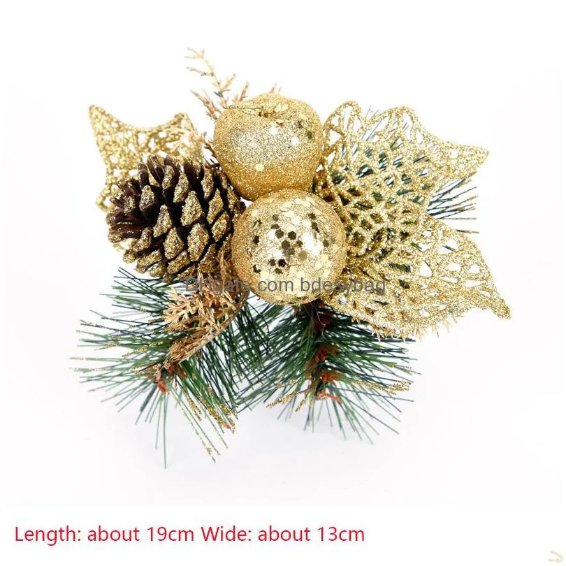 christmas decorations 10pcs cuttings artificial sequins pine branch cone glitter poinsettia home ornament festival tree decor party