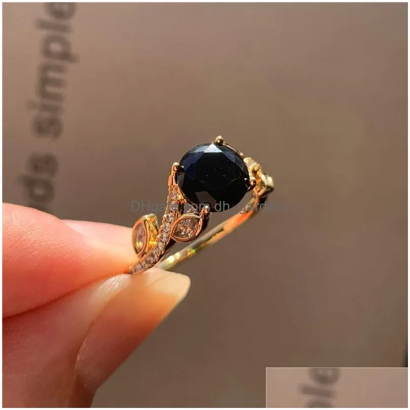 trendy female black crystal stone ring charm gold color thin wedding rings for women dainty bride round zircon engagement