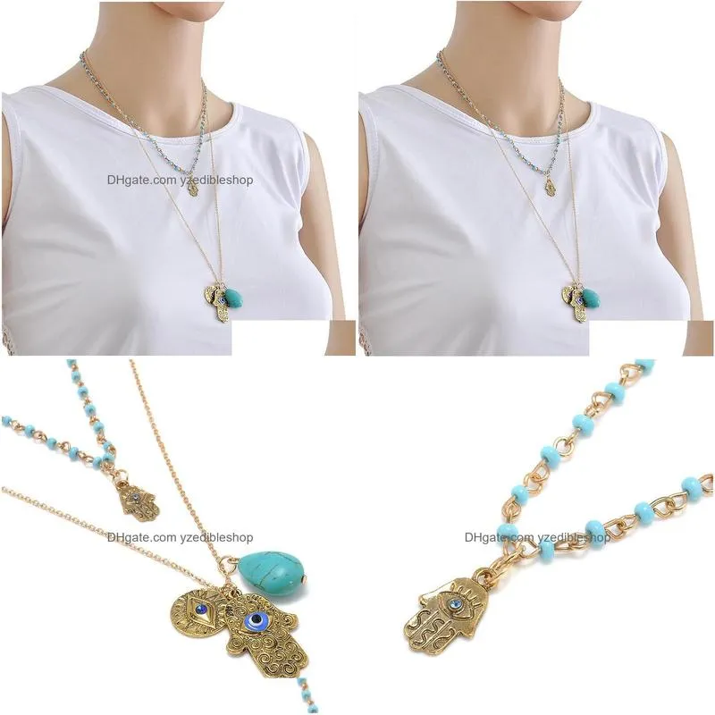 fashion jewelry turkish blue eye turquoise beads pendant necklace double layer sweater necklace