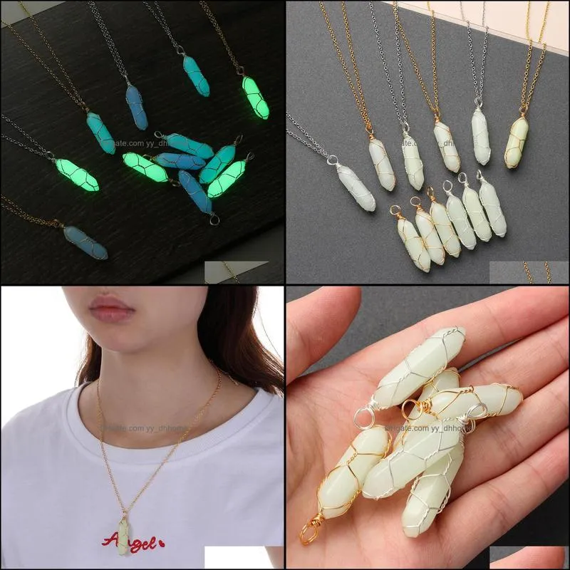 hexagonal cylindrical crystal necklace glow in the dark luminous wire wrap stone pendant necklace jewelry gift for women men