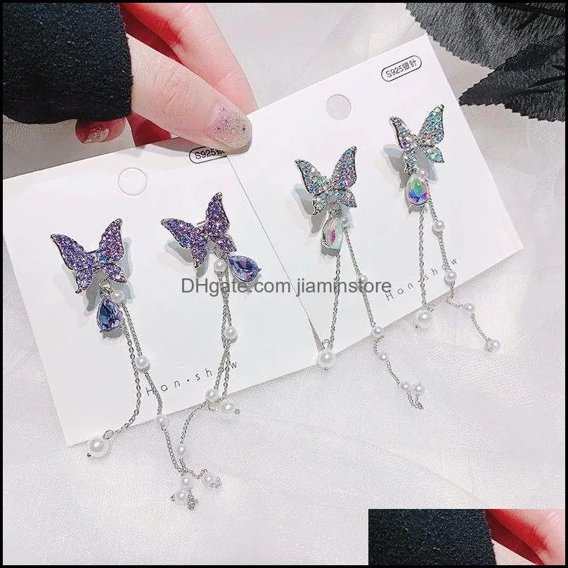 fashion shiny butterfly rhinestone drop dangle earrings women elegant long pearl tassel chain pendant party jewelry for girl gift 1