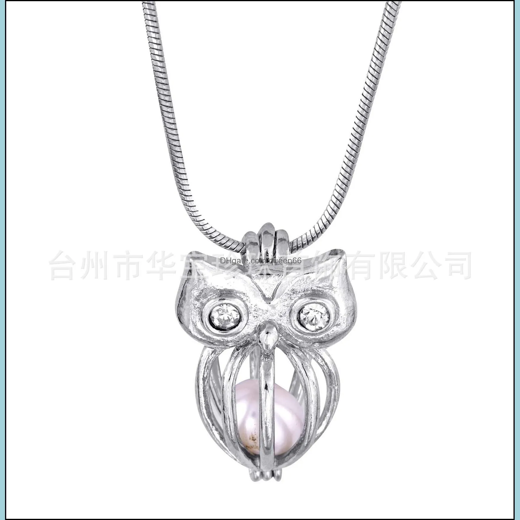 18kgp owl with shiny jewel eyes cages lockets wish pearl/ gem beads pendants mountings for diy fashion lovely cute jewelry charms