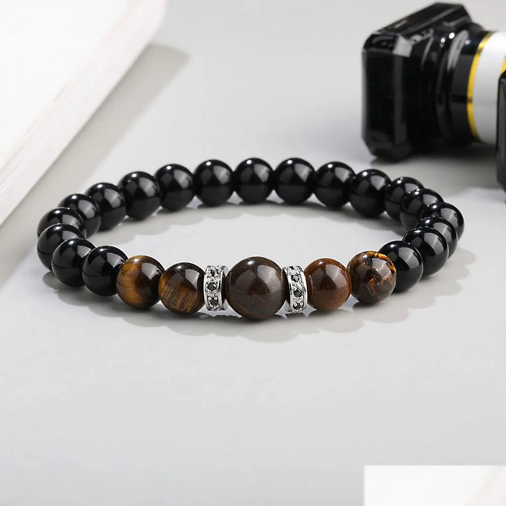 arrival 8mm black glass beads bracelet for women men handmade tiger eye micro pave zircon gasket charm bracelet fashion jewelry gift