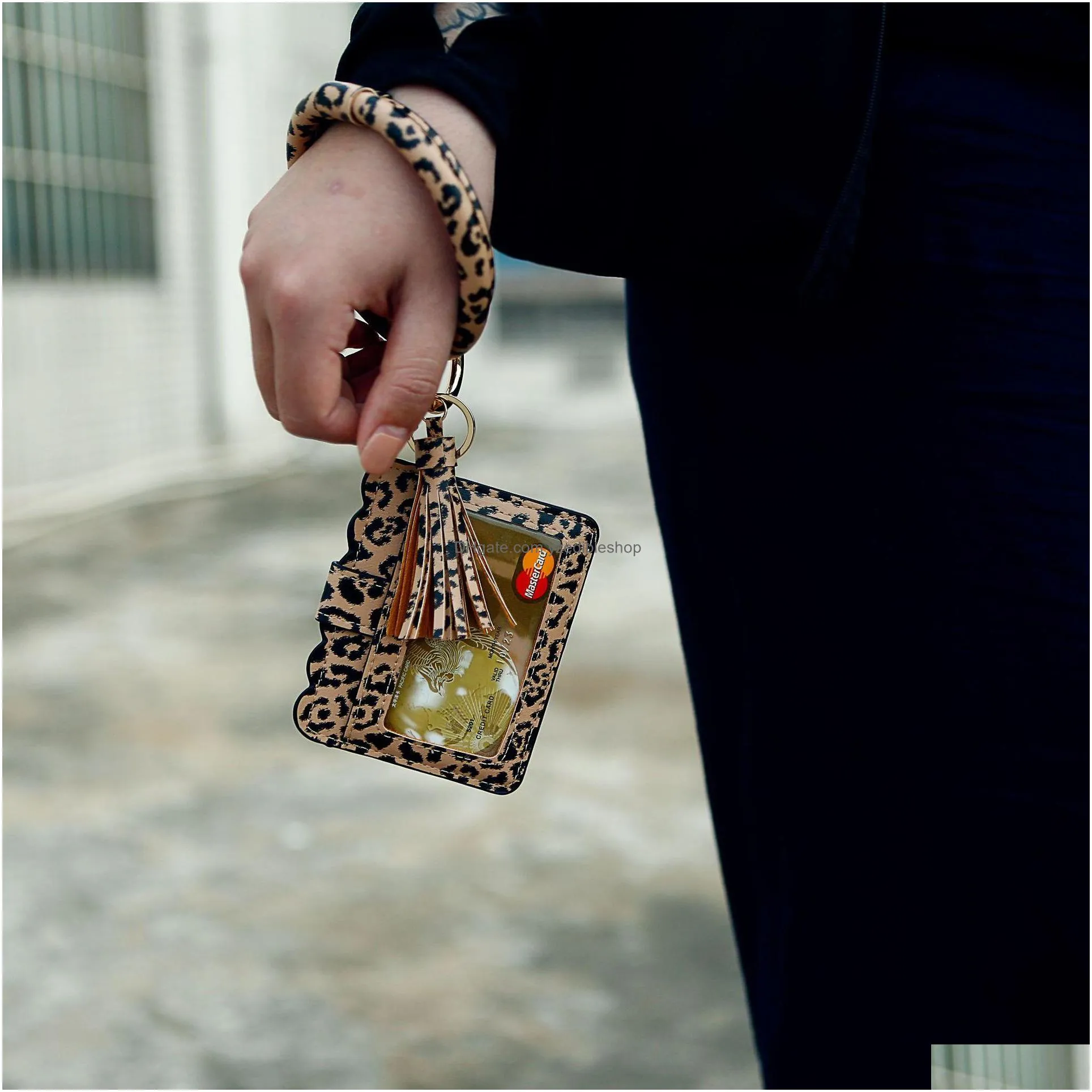 women girls leopard pu leather bracelet key ring bangle keyring tassel ring circle keychain wristlet keyrings with card wallet