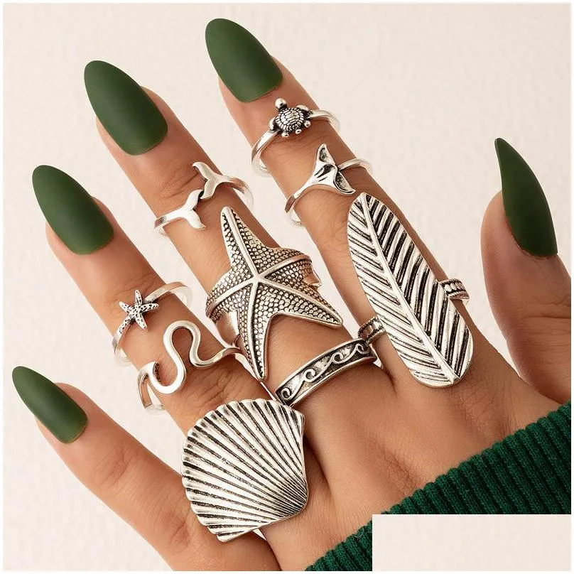 9pcs/sets boho starfish leaf joint ring sets for women men vintage silver color shell alloy metal jewelry