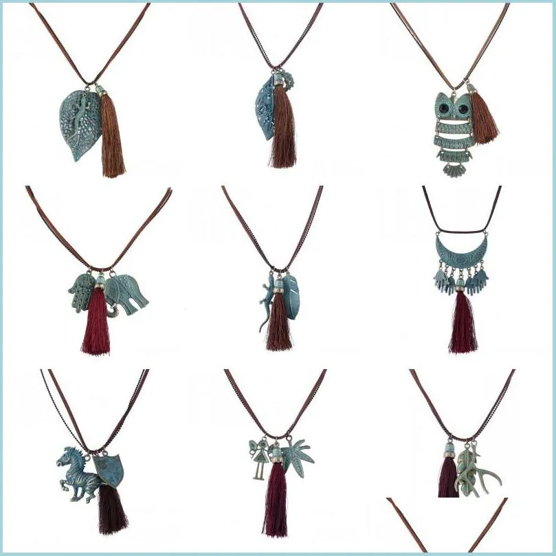 creative long tassel necklace for women retro leaf owl elephant fatima hand palm gecko horseman shield pndant necklace sweater chain