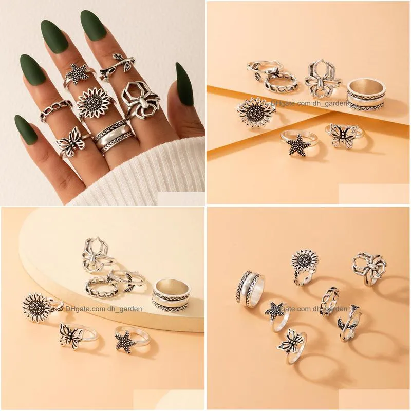 7pcs/sets vintage silver color butterfly spider joint ring sets for women pretty flowers starfish jewelry