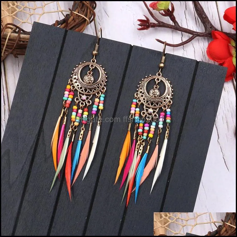 vintage ethnic rainbow feather dangle chandelier earrings for women gold long chain feather tassel earring wedding jewelry