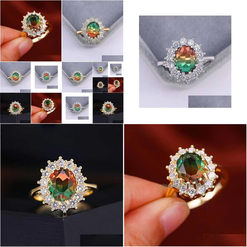 red green stone sunflower rings for women white yellow gold color rainbow fire crystal wedding ring band jewelry