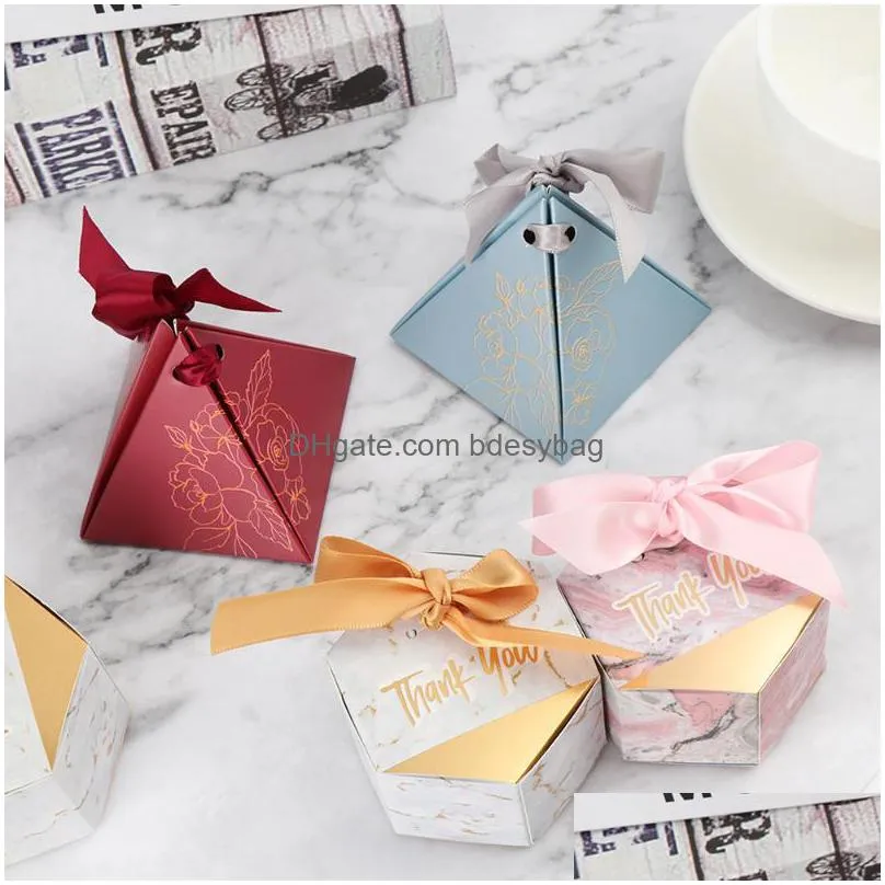 gift wrap 10pcs/pack marbling style candy boxes triangular pyramid chocolate cake package gifts bags wedding party baby shower