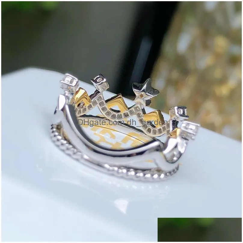 fashion crown rings with stars yellow zircon two color jewelry womens wedding party luxury exquisite accessories gifts