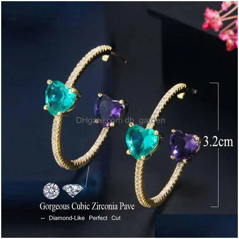 beaqueen brilliant double side big heart cut green purple crystal round circle hoop earrings cubic zirconia women jewelry