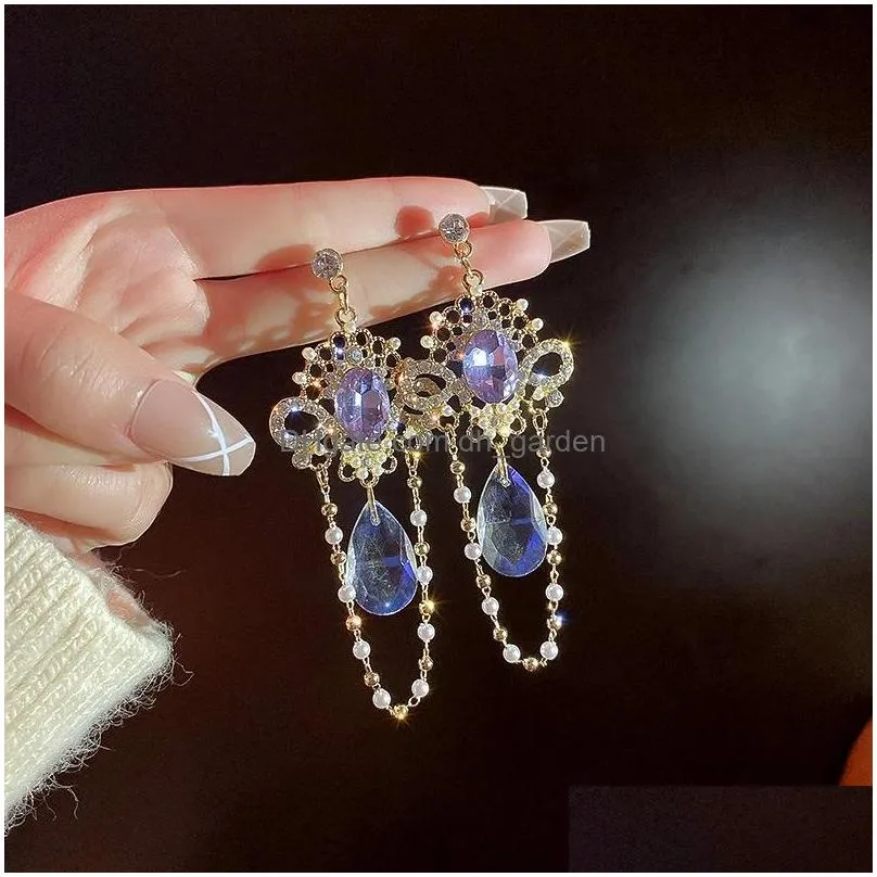 dangle chandelier korean vintage luxury colorful cystal drop earrings for women girls elegant pearl beads tassel pendientes jewelry