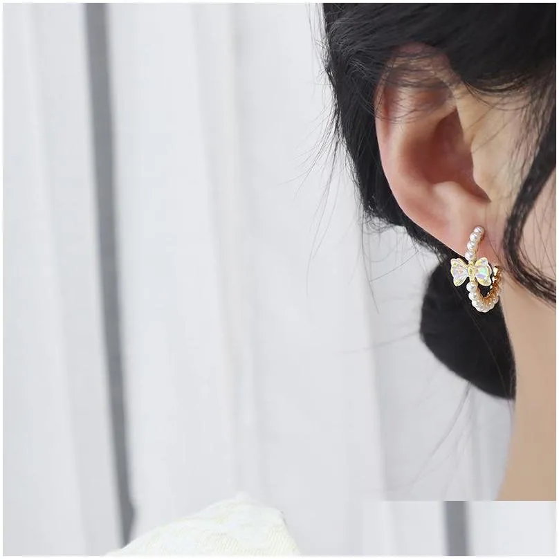 dangle chandelier korean bright bowknot pearl c shaped earrings for women delicate simple jewelry