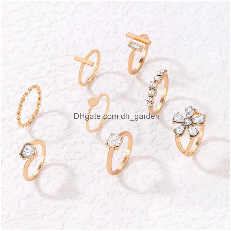 shiny crystal stone flowers joint ring sets for women charms gold alloy metal geoemtry party jewelry