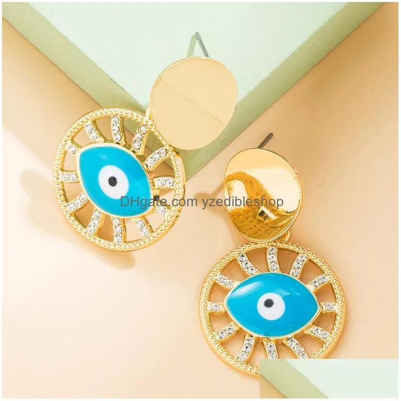 fashion jewelry copper inlaid zircon evil eye earrings hollow colorful blue eyes dangle stud earrings