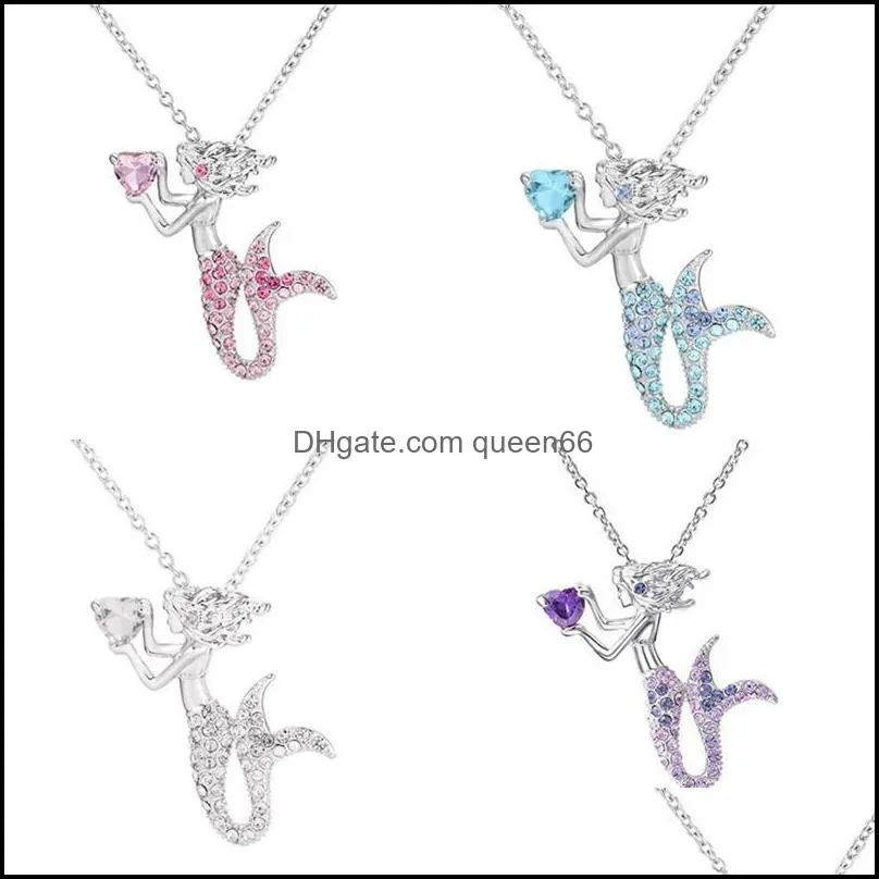 mermaid pendants necklace alloy silver plating clavicular chain charms women rhinestone necklaces fashion jewelry white blue 3 2hja l2