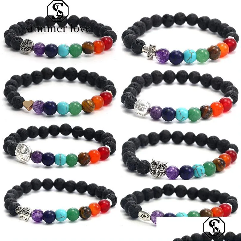 buddha head charm lava stone beads bracelets natural black  oil diffuser bracelet volcanic rock beaded yoga 7 chakra men