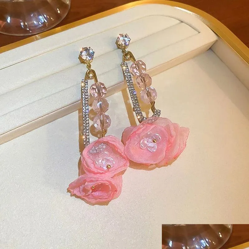 dangle chandelier rose long drop earrings for women chain rhinestone flower hanging dangle earrings vintage jewelry