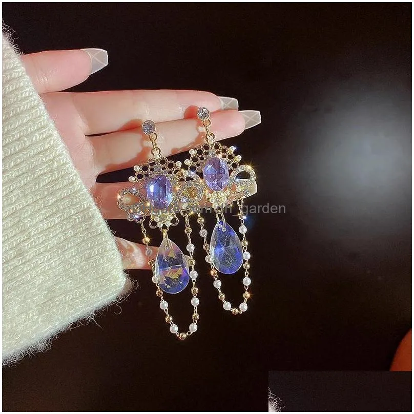 dangle chandelier korean vintage luxury colorful cystal drop earrings for women girls elegant pearl beads tassel pendientes jewelry