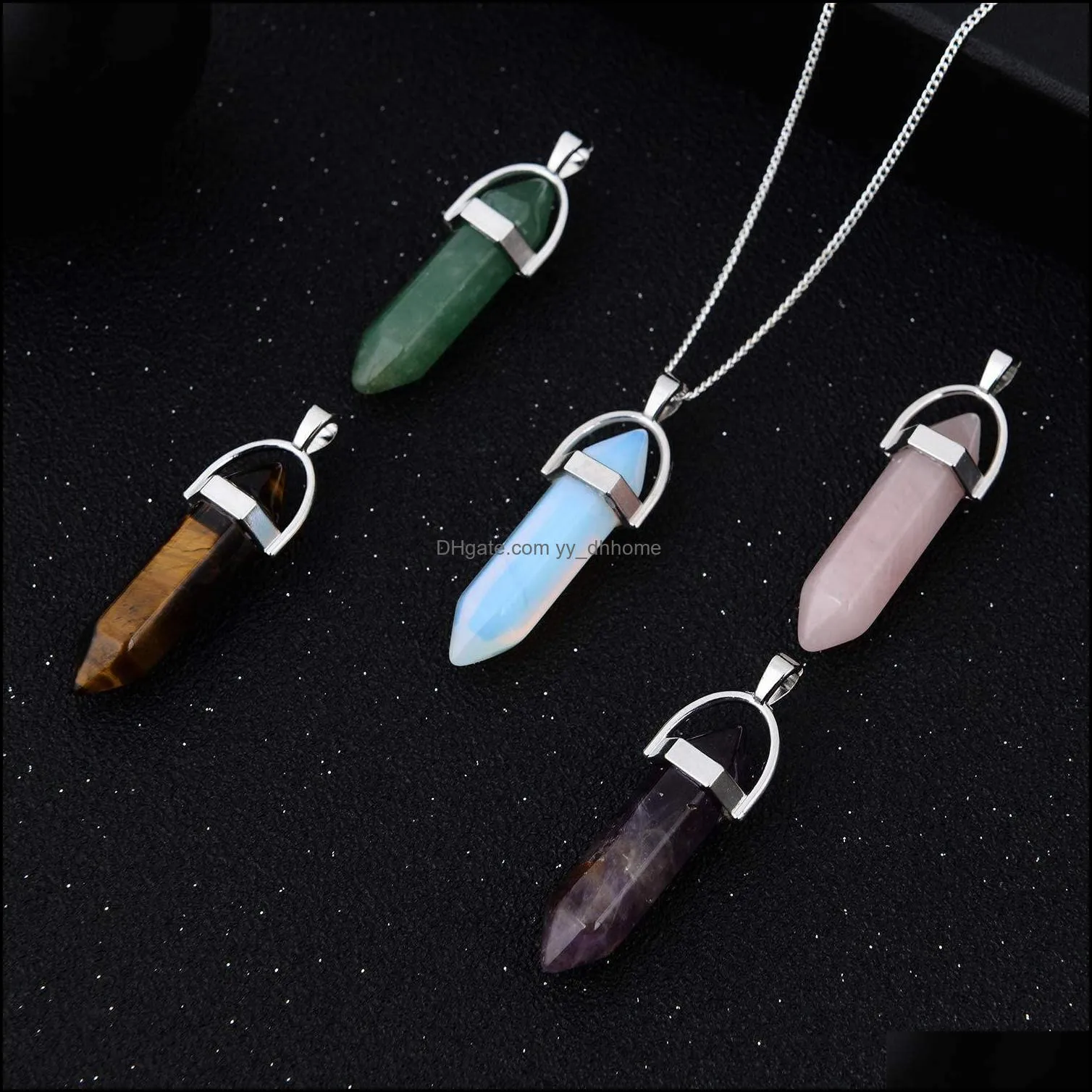 hexagonal prism bullet pendant necklace natural stone opal turquoises quartz healing reiki pendulum necklace for women jewelry
