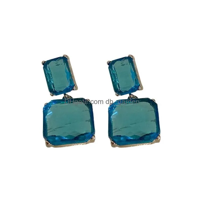 dangle chandelier korean green earrings personality fashion geometric square glass crystal pendant earrings jewelry