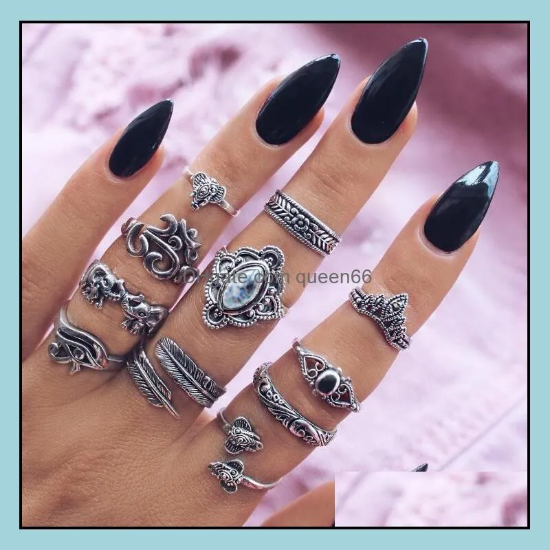 fashion carve antique silver midi rings set for women turtle crown heart lotus knuckle finger rings female bohemian jewelry gift