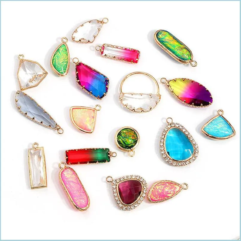 2019 arrival colorful crystal glass pendant for necklace bracelet fashion geometric transparent copper charm for diy jewelry