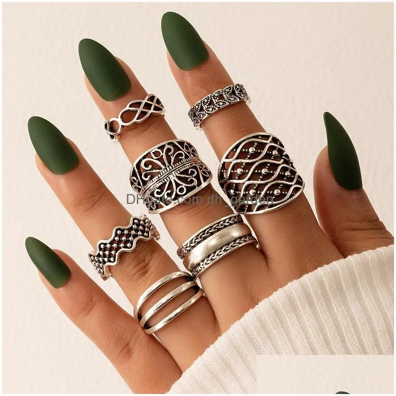 7pcs/sets retro silver color hollow geometry opening ring sets for women men charms alloy metal jewelry