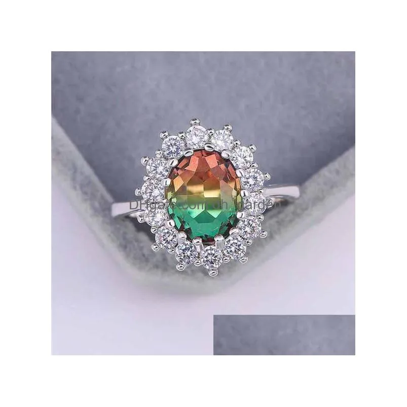 red green stone sunflower rings for women white yellow gold color rainbow fire crystal wedding ring band jewelry