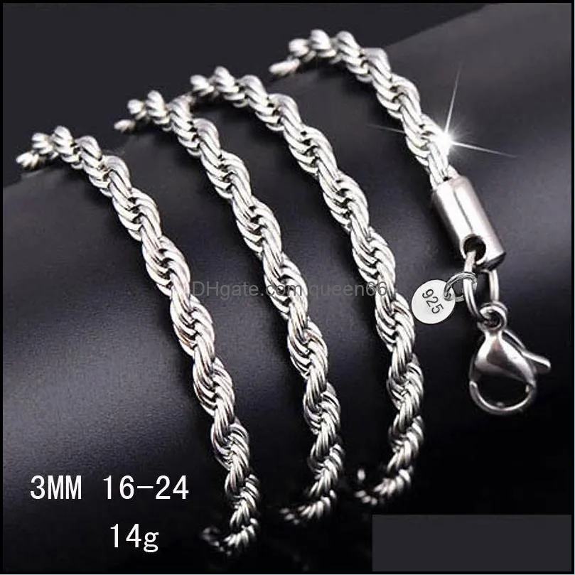 3mm 925 sterling silver twisted rope chain 1630inches luxury silver necklaced for women men fashion diy jewelry wholesale