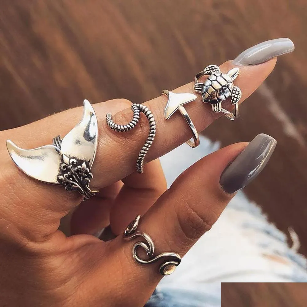 bohemian fashion jewelry knuckle ring set silver fishtail geometry tortoise rings 5pcs/set