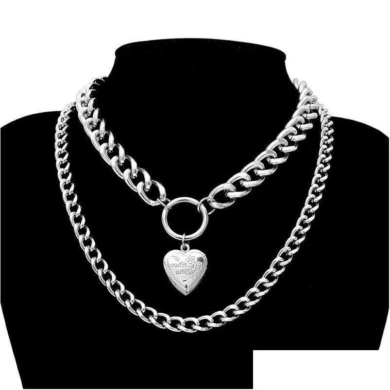 exaggerated punk metal heartshaped necklace ladies thick chain multilayer necklace gift charm hiphop gothic collar jewelry