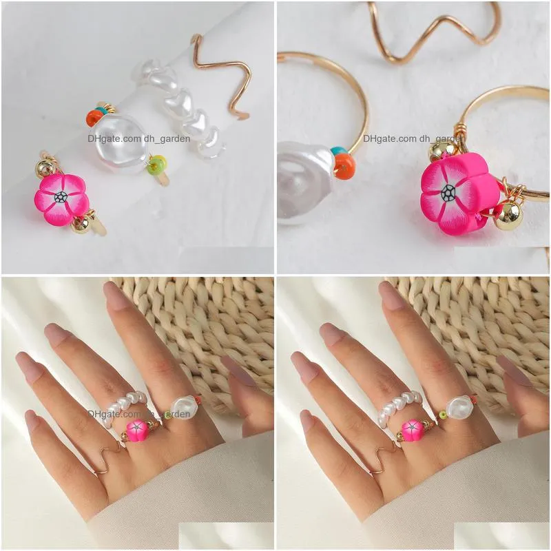 4 pcs/set cute polymer clay flower white heart pearl handmade beaded gold color metal rings set for women party jewelry gifts