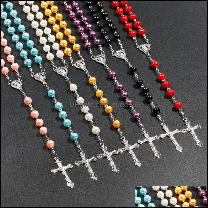 7 colors religious catholic rosary necklaces jesus cross pendant long 8mm bead chains for women men christian jewelry gift 88 k2