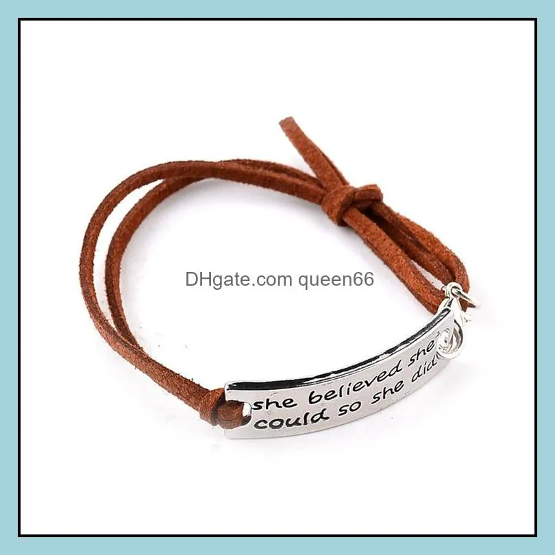 she believed she could so she did bracelets inspirational word charms braided leather bangle for women men jewelry amazing grace gifts