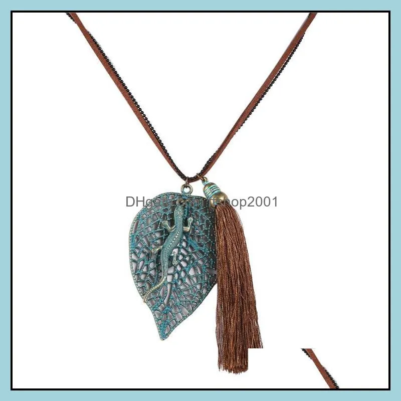 creative long tassel necklace for women retro leaf owl elephant fatima hand palm gecko horseman shield pndant necklace sweater chain