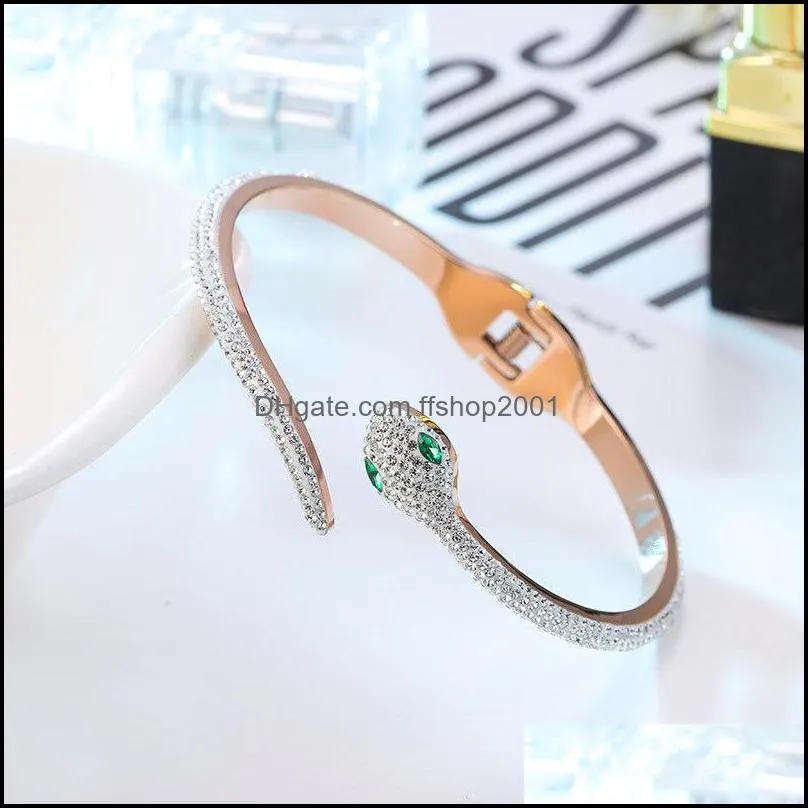 fashion snake shaped titanium steel womens bangle pulseras rose gold plated bracelets crystal zircon open clasp design jewelry gifts for teen girls