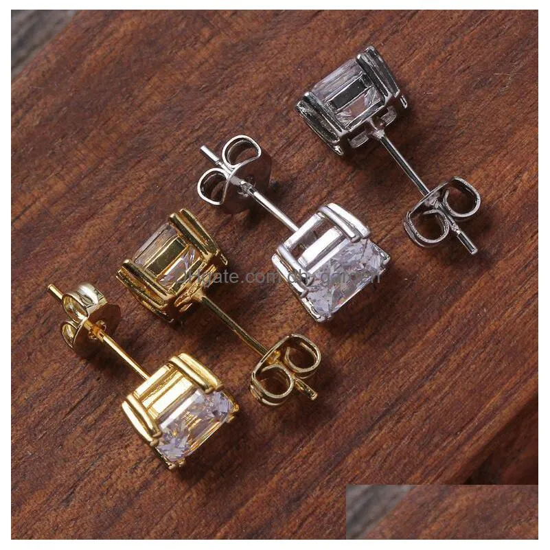 hip hop 1pair micro full paved rhinestone zircon cz square bling iced out stud earring copper earrings for men jewelry