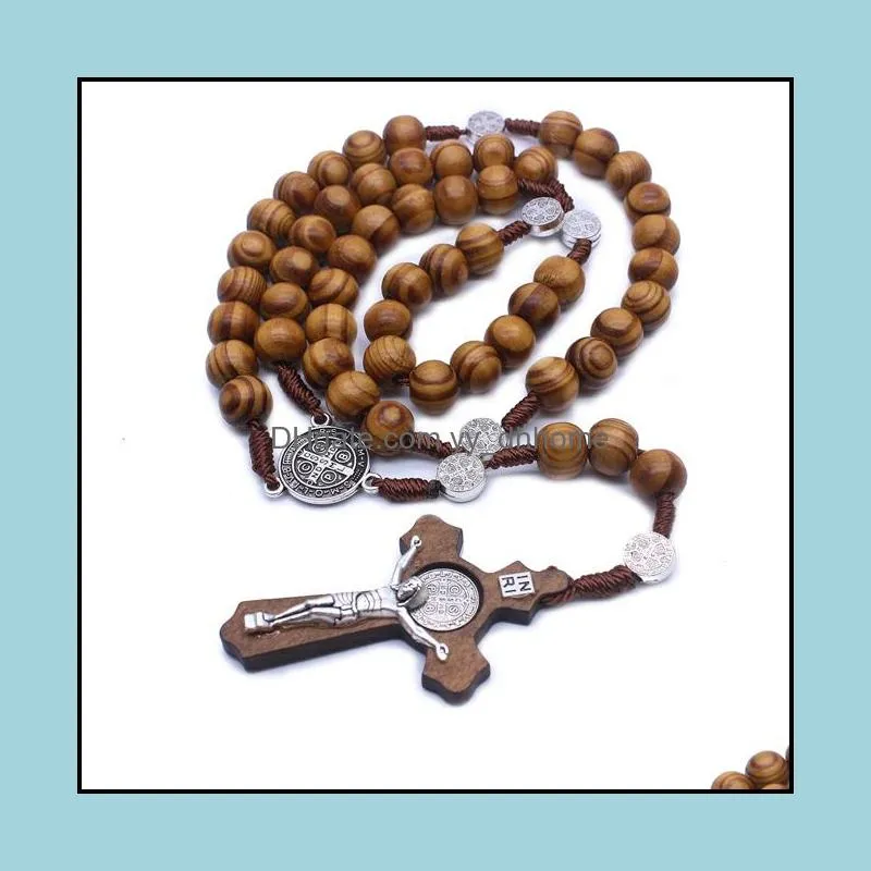wooden jesus prayer necklace handmade personality vintage beads cross rosary necklaces fashion pendant jewelry dhs p221fa