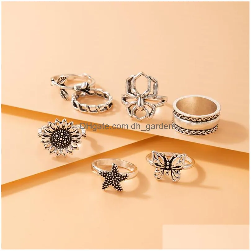 7pcs/sets vintage silver color butterfly spider joint ring sets for women pretty flowers starfish jewelry
