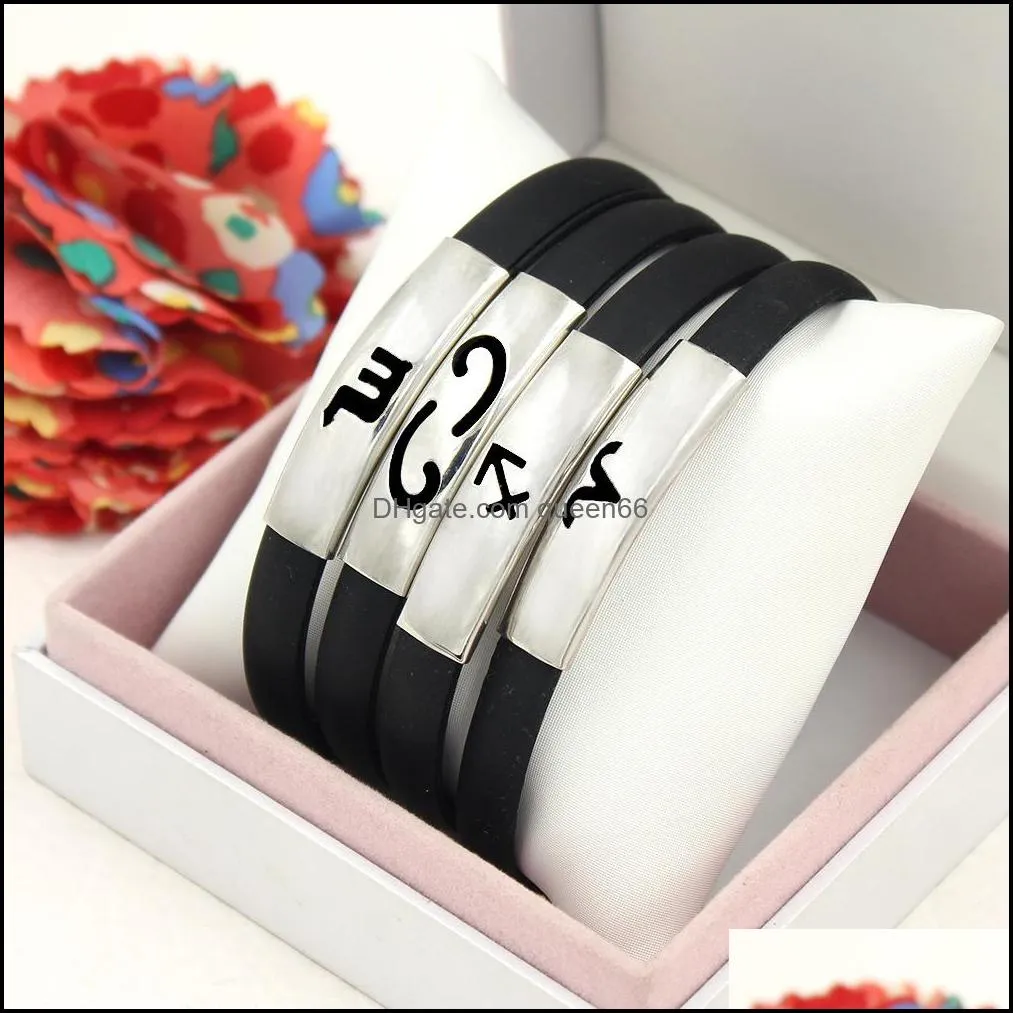 twelve zodiac black silicone bangle stainless steel constellations horoscope design wrap bracelets for women and men couple jewelry