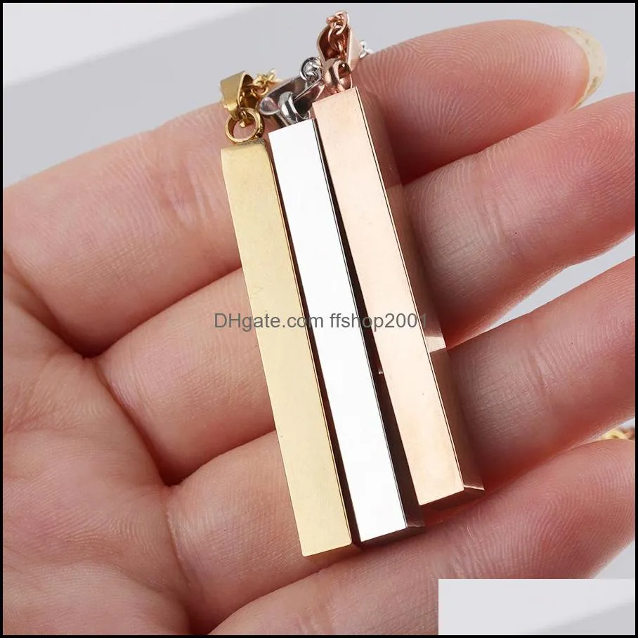 engraving 3d bar name necklace personalized text message simple design women customized dangle cuboid stick pendant necklaces stainless steel birthday