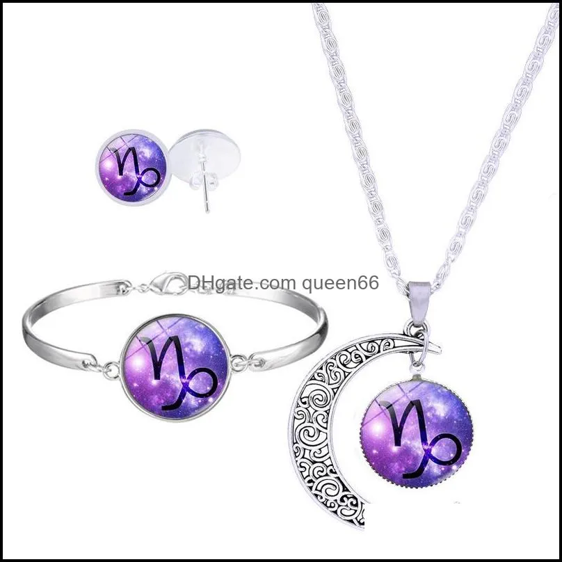 fashion 12 zodiac sign pendant moon necklace stud earrings bracelets set for women glass cabochons horoscope constellation jewelry